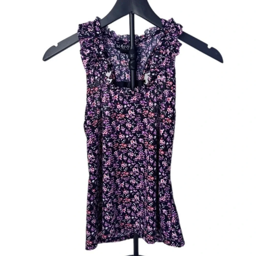 Self Esteem Tank Top Women Large Purple Floral Ruffle Bow Racerback Blouse
